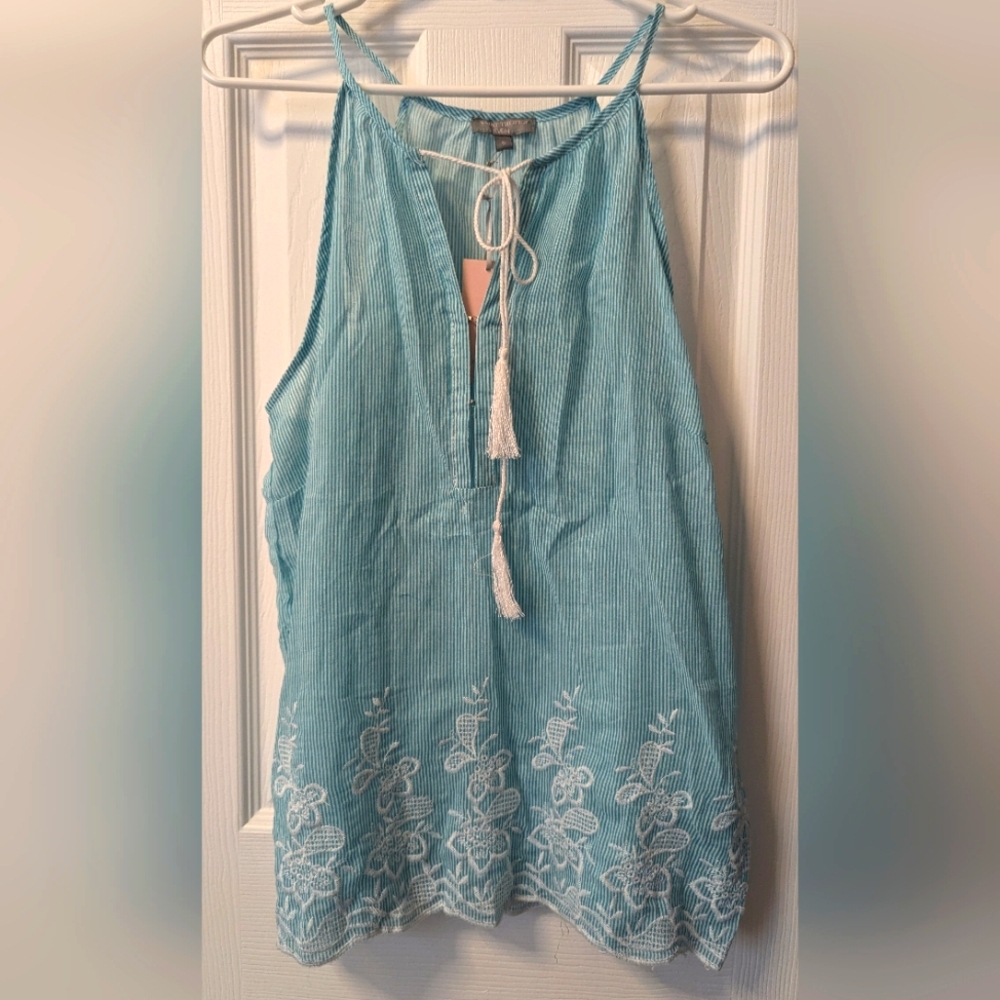 Saint Tropez West Size S Womens Blue White Stripes Sleeveless Embroidered Top